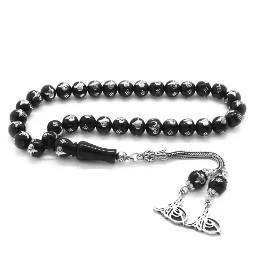925 K Silver Tughra Tasselled Silver Tughra Engraved Sphere Cut Erzurum Oltu Prayer Beads