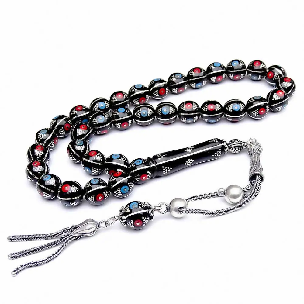 Silver Turquoise Coral Engraved Erzurum Oltu Stone Prayer Beads