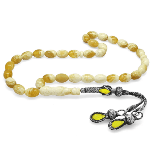 Kazaz Tasseled King Seccer Yellow-White Moire Drop Amber Rosary