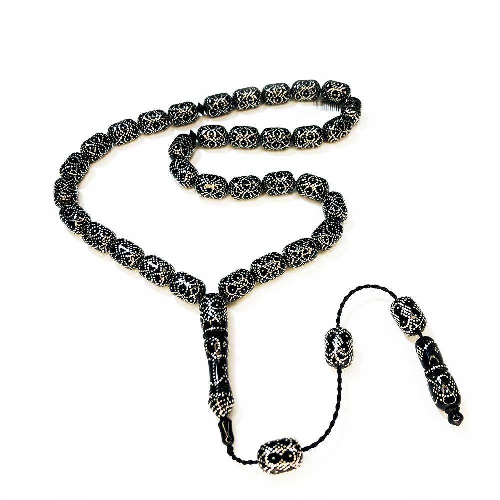 Collectible Intense Silver Embroidered Special Workmanship Oltu Stone Prayer Beads