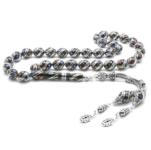 925 K Silver Tasselled Silver-Firuze-Mercan Arpa Cut Erzurum Oltu Prayer Beads