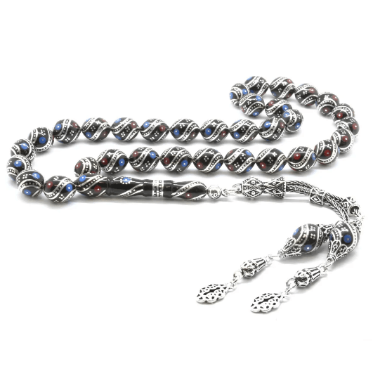 Tasbih aus 925er-Sterlingsilber mit Quasten, Silber-Türkis-Koralle, Gerstenschliff, Erzurum Oltu