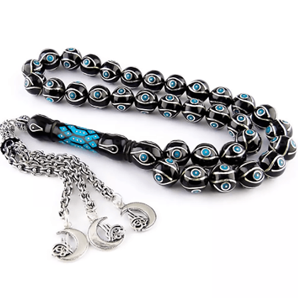 Silver Turquoise Embroidered Master Workmanship Erzurum Oltu Stone Prayer Beads