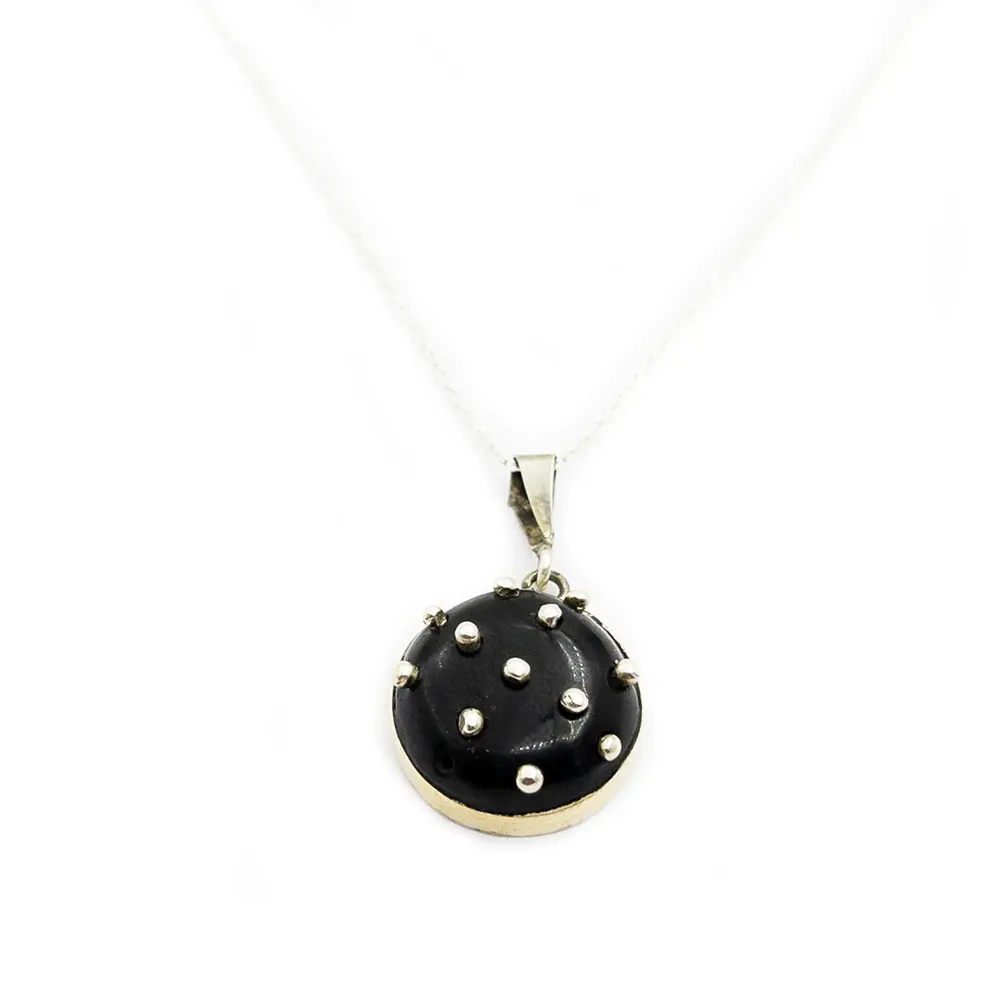 Silver Inlay Engraved Oltu Stone Women's Necklace