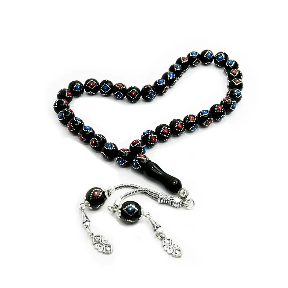 Silver Turquoise & Coral Engraved Erzurum Oltu Stone Prayer Beads
