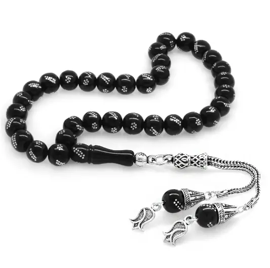 Silver Engraved Sphere Cut Erzurum Oltu Stone Prayer Beads