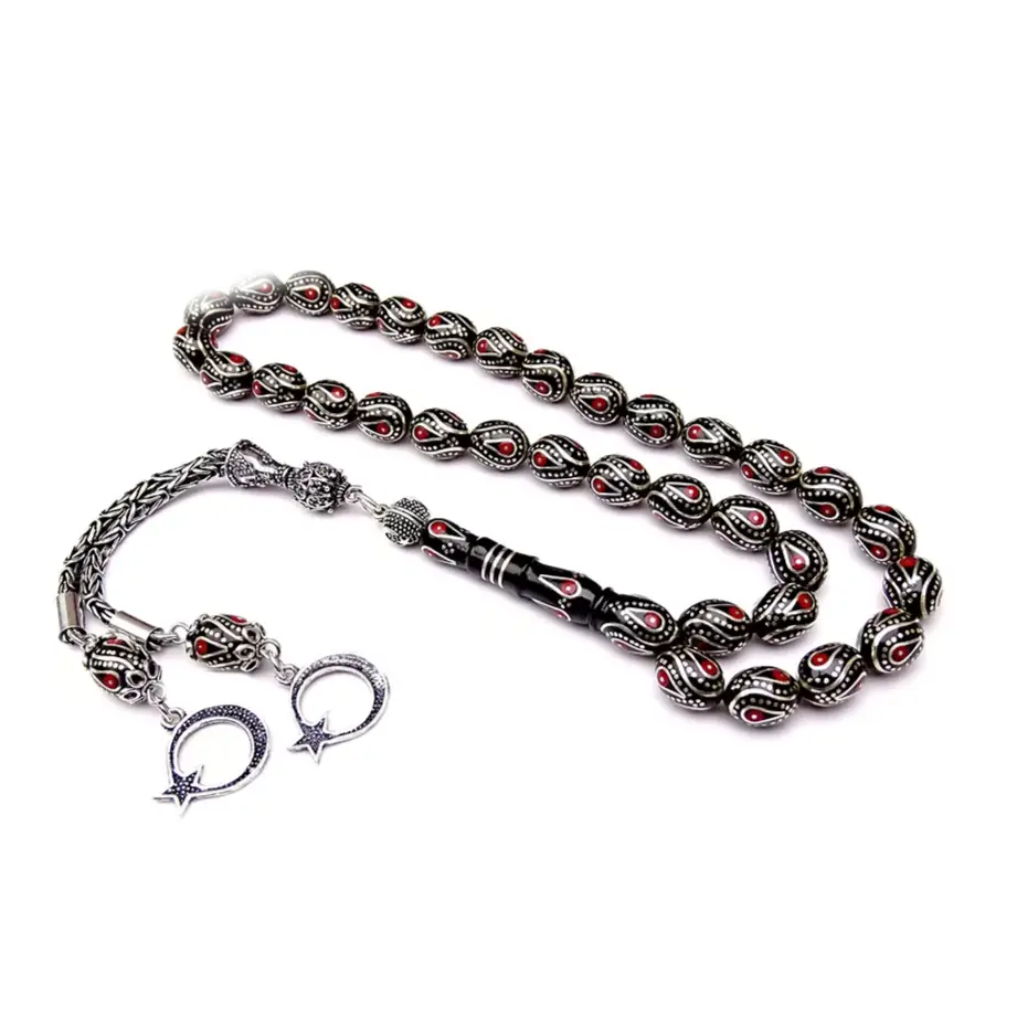 Silver Coral Engraved Special Design Erzurum Oltu Stone Prayer Beads