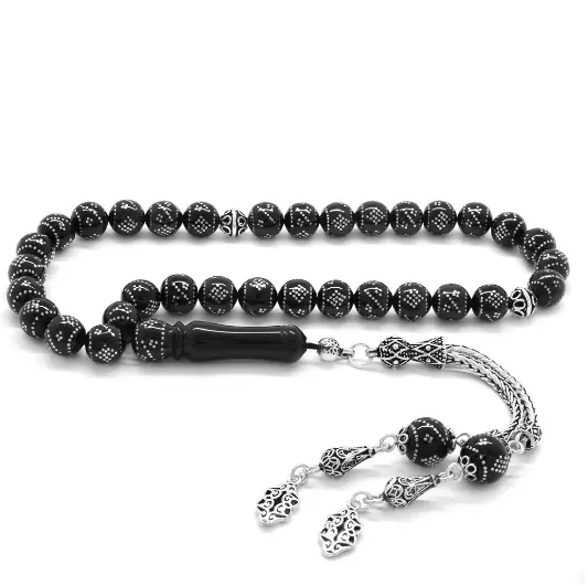 925 K Silver Tasselled Yoğun Silver Engraved Erzurum Oltu Stone Prayer Beads