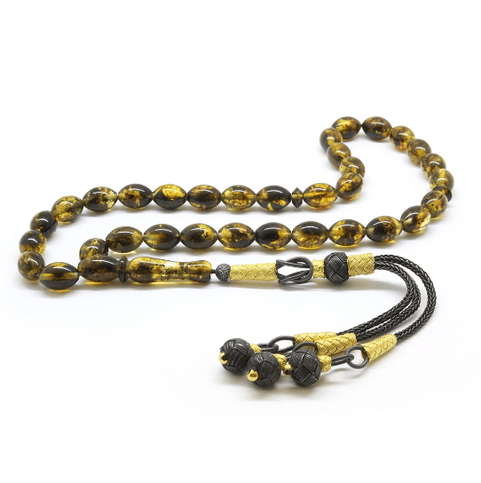 1000 Carat Top Kazaz Tasseled Barley Cut Dense Fossil Yellow Drop Amber Rosary