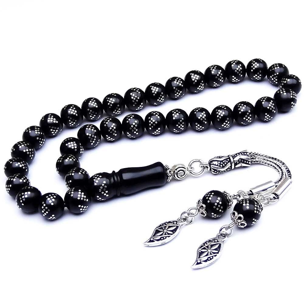 Silver Pyramid Embroidered Oltu Stone Rosary