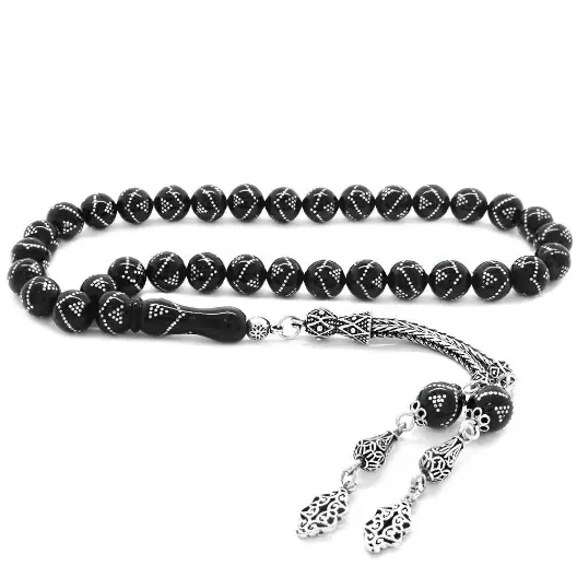 925 K Silver Tasselled Silver Piramit Engraved Erzurum Oltu Stone Prayer Beads
