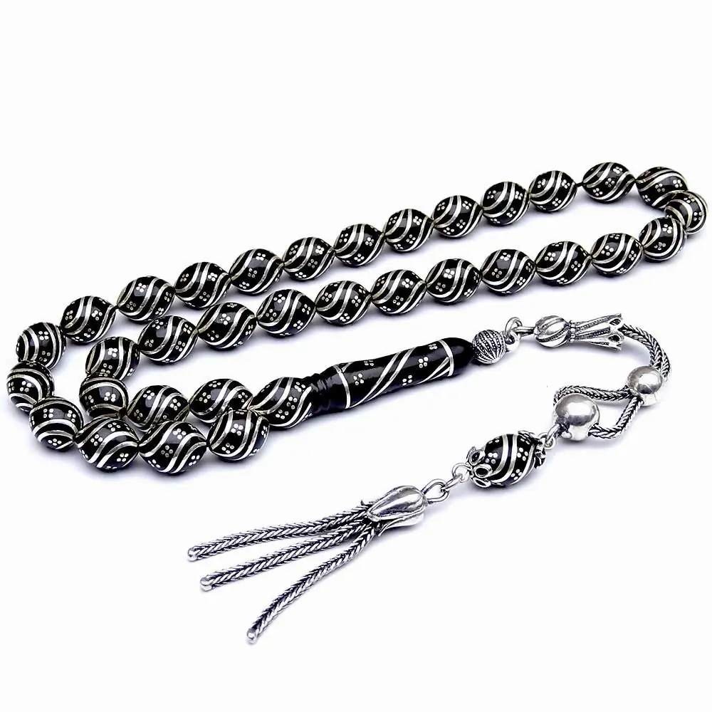 925 K Silver Çeşm-i bülbül Engraved Erzurum Oltu Stone Prayer Beads