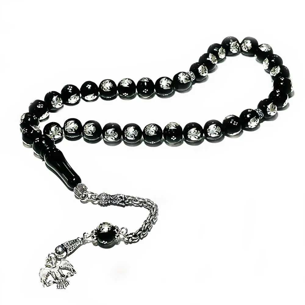 Seljuk Coat of Arms Double-Headed Eagle Silver Engraved Erzurum Oltu Stone Prayer Beads