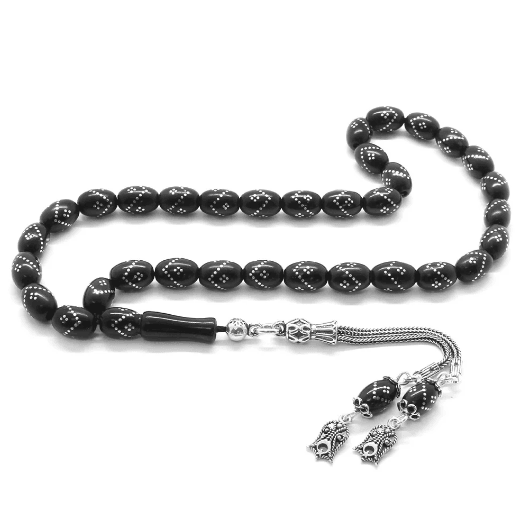 Silver Single Zig Zag Embroidered Barley Cut Oltu Stone Rosary