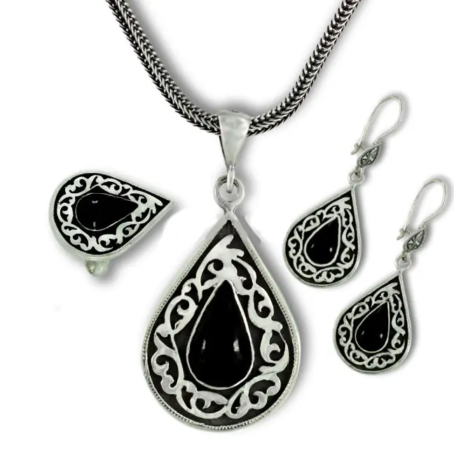 Erzurum Oltu Stone-set Kalemkar Handcrafted Women's Silver Set