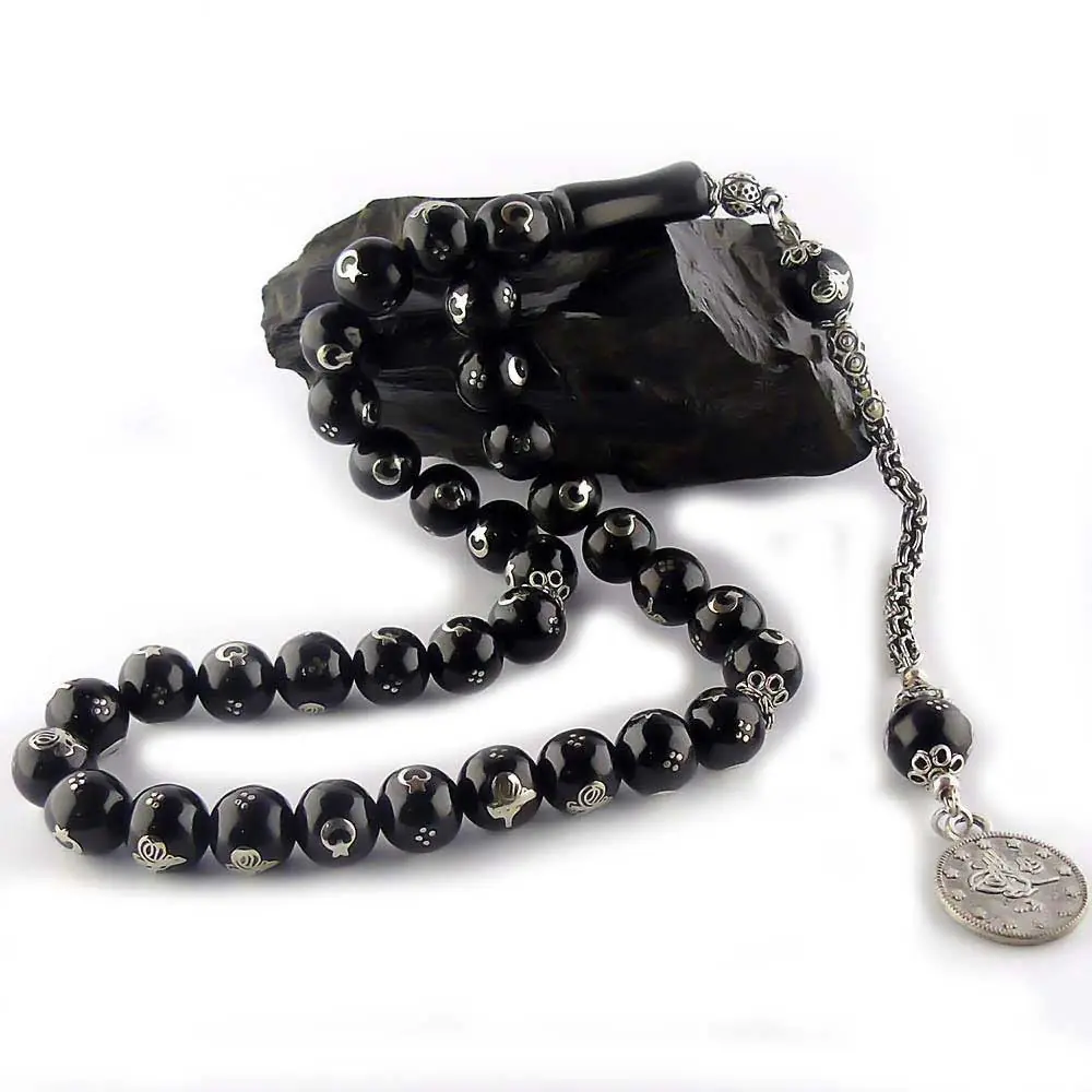 Star and Crescent Tughra Silver Engraved Erzurum Oltu Stone Prayer Beads