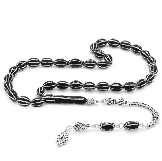 925 K Silver Tasselled Silver 8′li Karpuz Yarma Erzurum Oltu Stone Prayer Beads