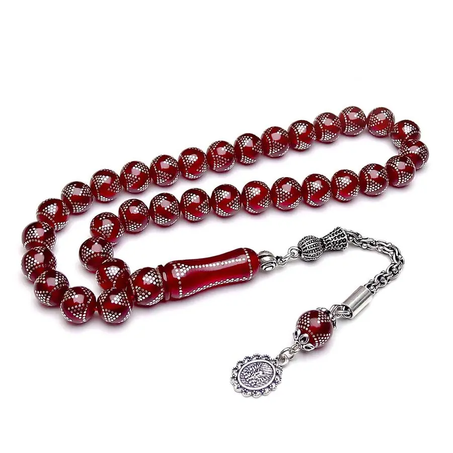 Silver Piramit Engraved Handcrafted Amber Prayer Beads