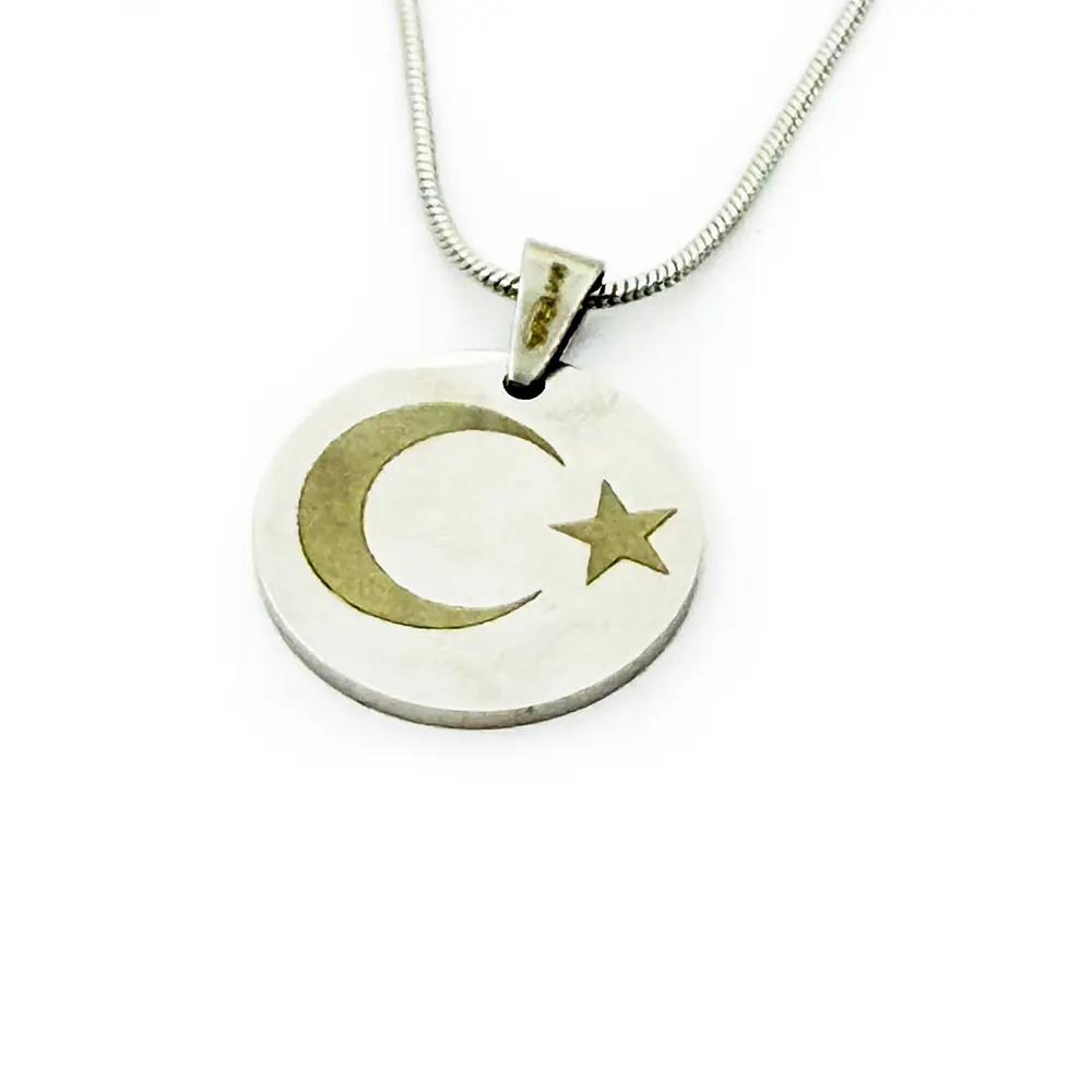 Star and Crescent Engraved Kararmaz Steel Necklace
