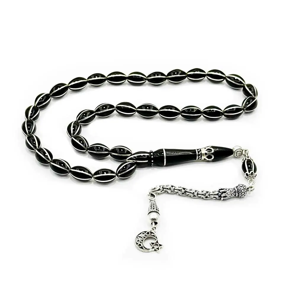 Silver Tasselled Nakkaş İmame 6 Lı Karpuz Yarma Engraved Erzurum Oltu Stone Prayer Beads