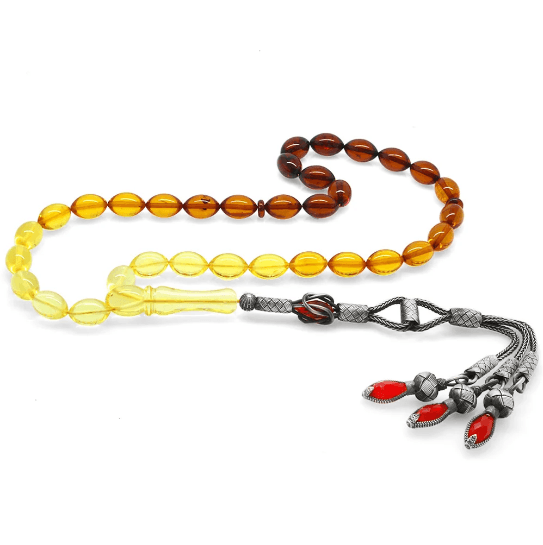 1000 Sterling Silver Tria Kazaz Tasseled Barley Cut Red-Yellow Drop Amber Rosary