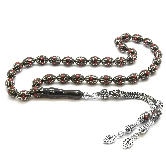 925 K Silver Tasselled Silver-Mercan Engraving Arpa Cut Erzurum Oltu Stone Prayer Beads