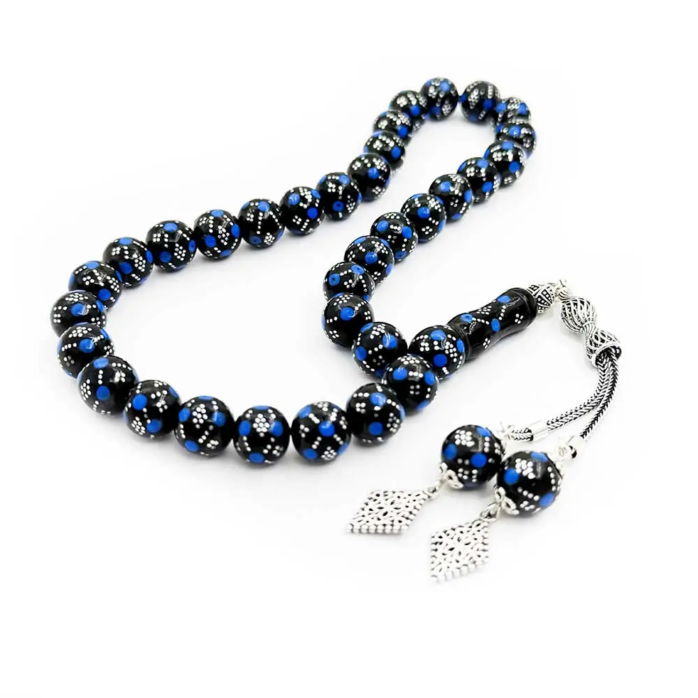 925 K Silver Double Tasselled Silver-Firuze Engraved Erzurum Oltu Stone Prayer Beads