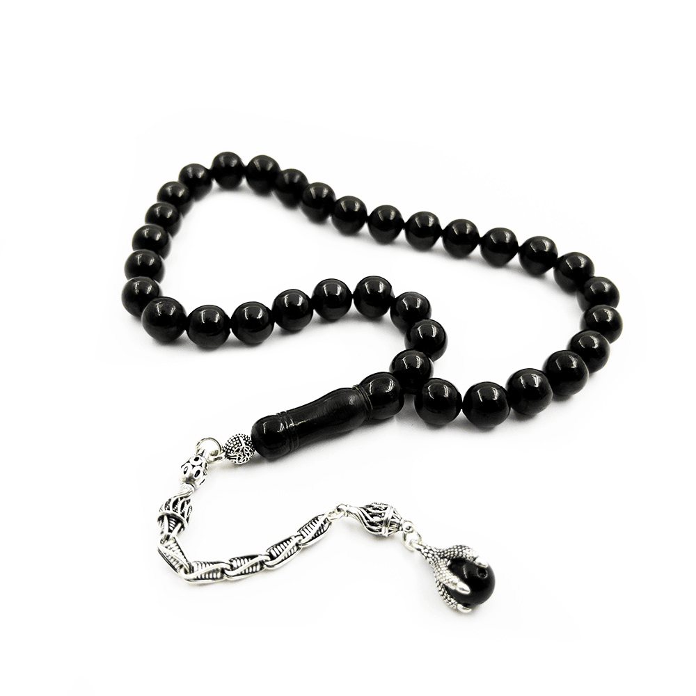 Erzurum Oltu Stone Rosary with Silver Claw Tassel and Simple Caliper