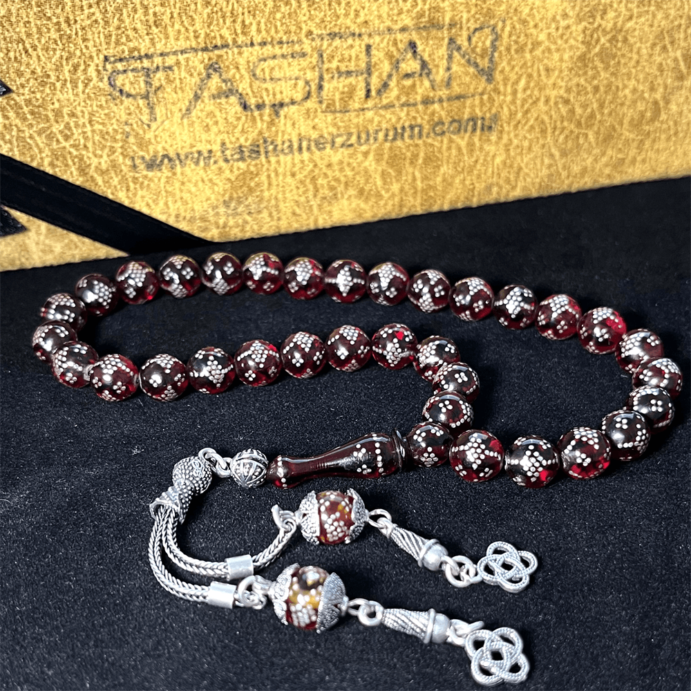 925 Sterling Silver Tasseled Intense Silver Embroidered Sphere Cut Red Crimped Amber Rosary