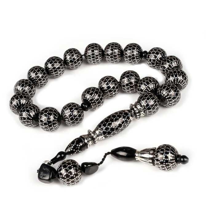 Intense Silver Embroidered 17-piece Erzurum Oltu Stone Efe Stres Prayer Beads