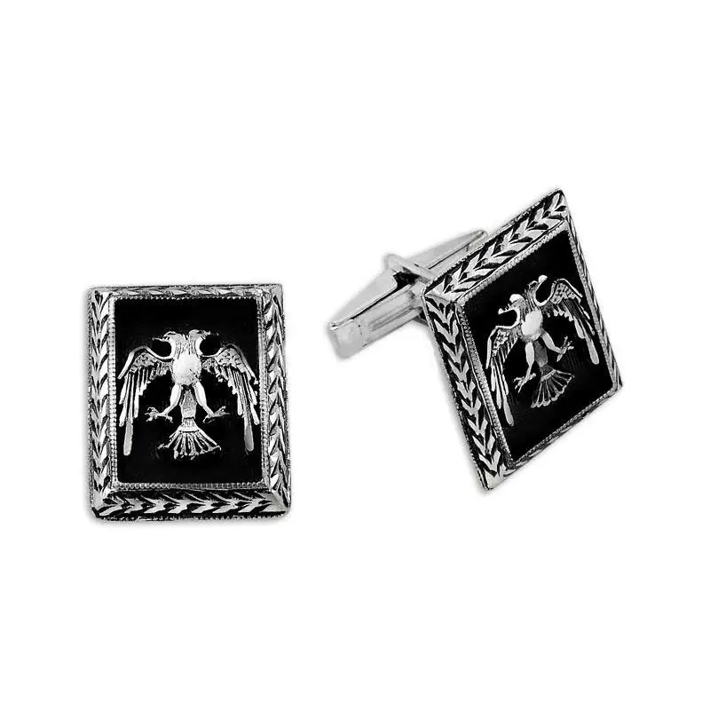 Double-Headed Eagle Patterned Handcrafted Silver Wrist Düğmesi Square