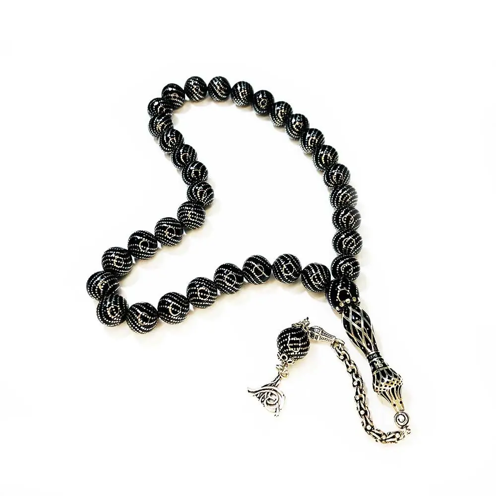 Silver Engraved Nakkaş İmame Usta Crafted Erzurum Oltu Stone Prayer Beads