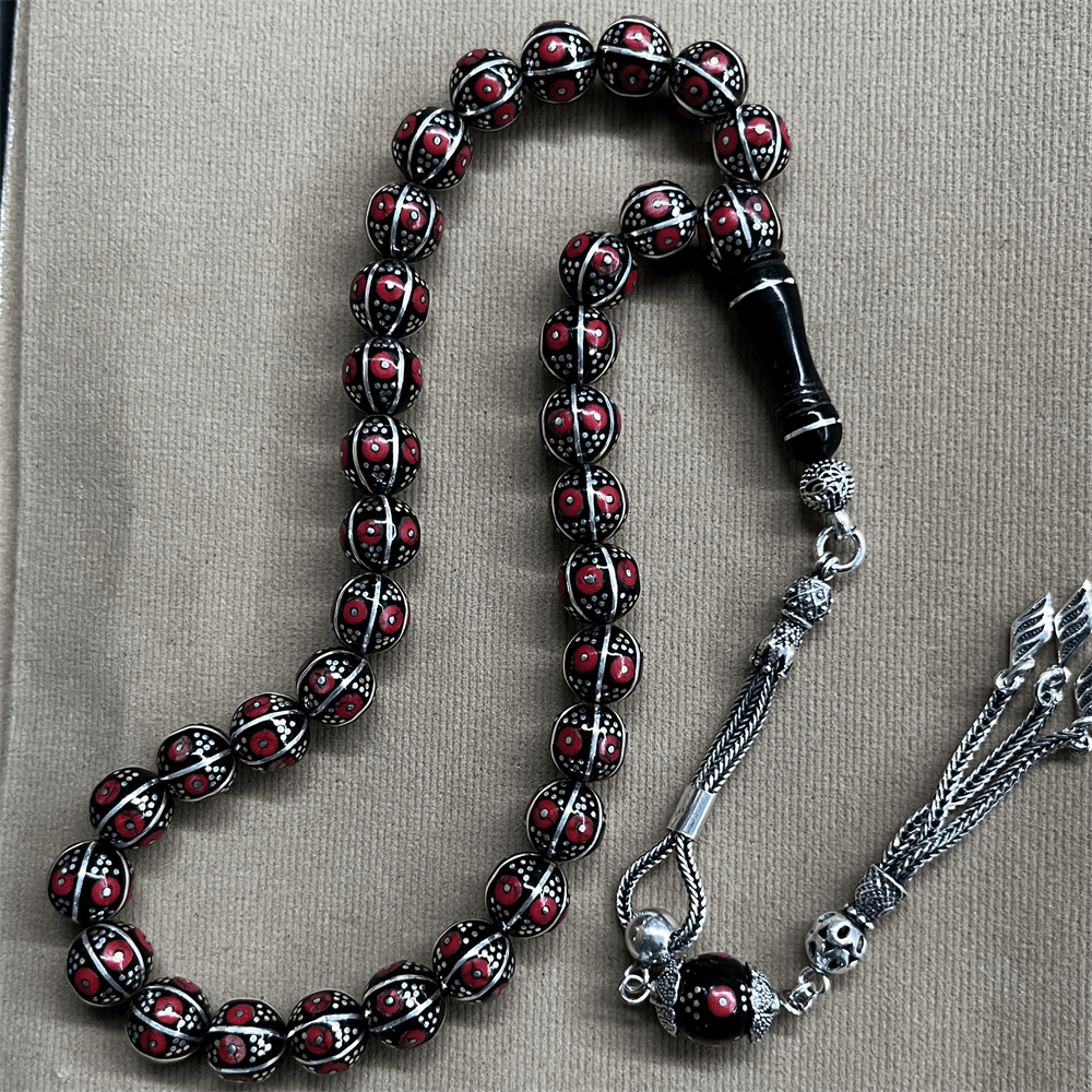 Silver Coral Embroidered Erzurum Oltu Stone Rosary