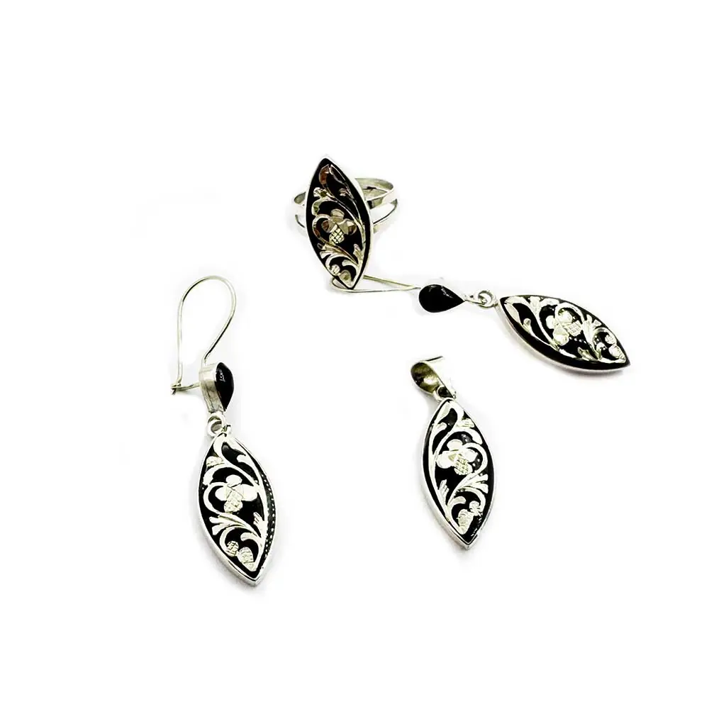 Oltu Stone-set Silver Necklace Earrings Ring Set