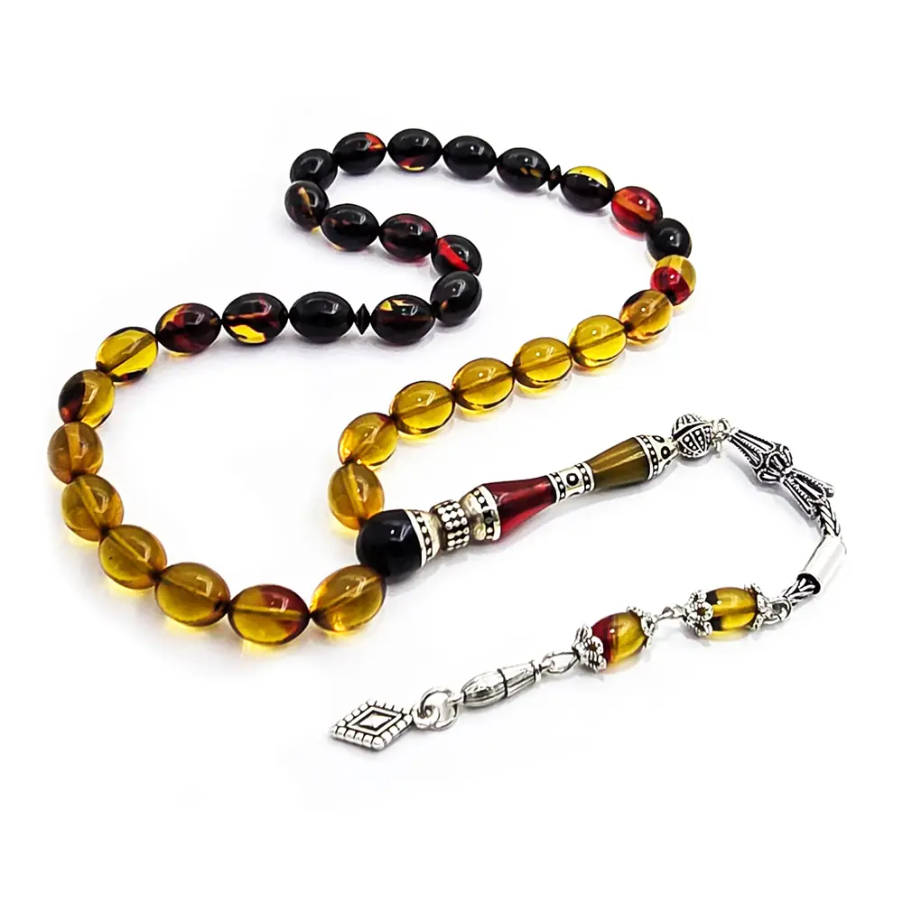 925 K Silver Tasselled Silver Three Şerefeli Nakkaş İmameli Süzme Bala-Siyah Fire Amber Prayer Beads