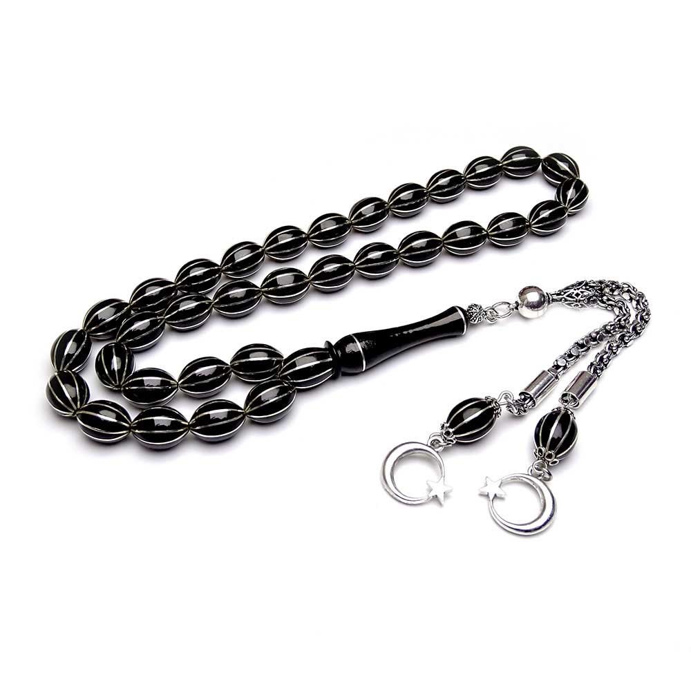 8 Pcs Silver Watermelon Slice Embroidered Oltu Stone Prayer Beads