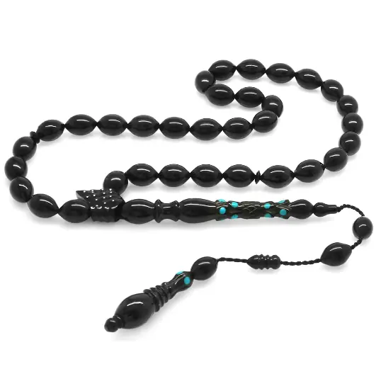 Sistemli Silver-Firuze Engraved Arpa Cut Erzurum Oltu Stone Prayer Beads
