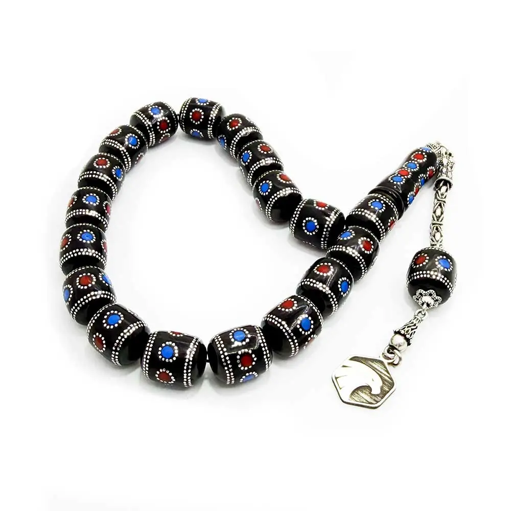 Silver & Turquoise Coral Engraved Capsule Fıçı Cut Erzurum Oltu Stone 17 Li Efe stres Prayer Beads