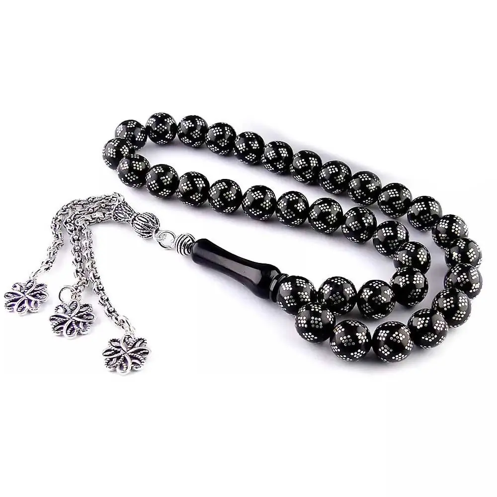 Silver Baklava Engraved Erzurum Oltu Stone Prayer Beads