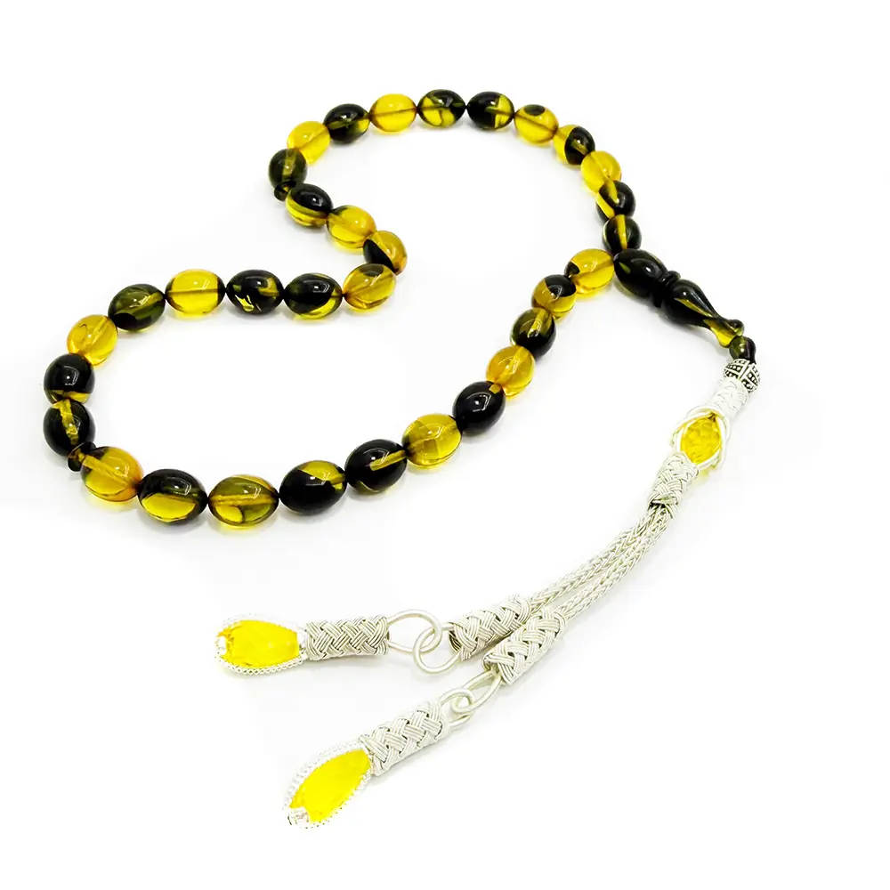 Kazaz Tasselled Arpa Cut Süzme Yellow-Siyah Fire Amber Prayer Beads