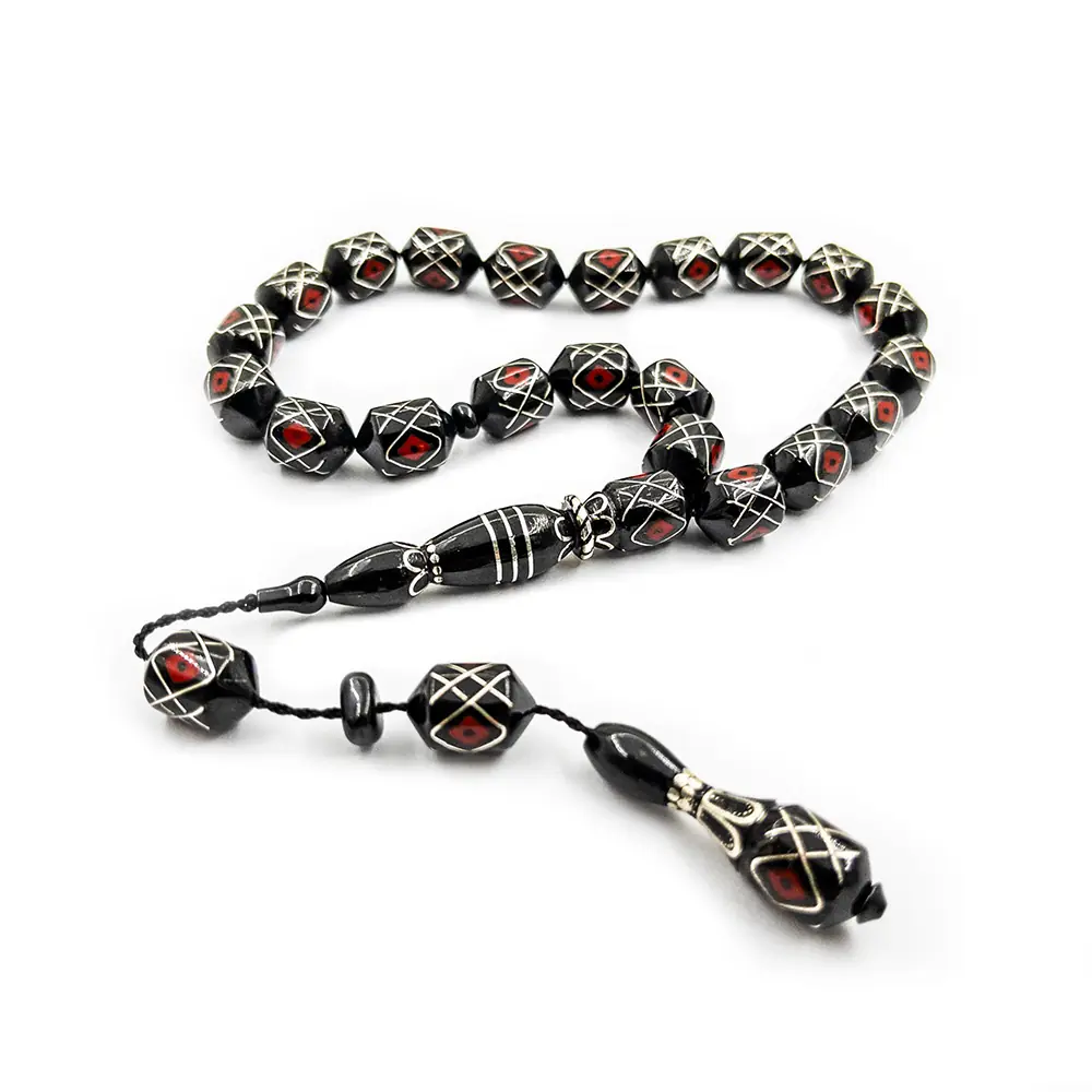 Silver & Coral Engraved 21 li Tipped Capsule Cut Erzurum Oltu Stone Efe Stres Prayer Beads