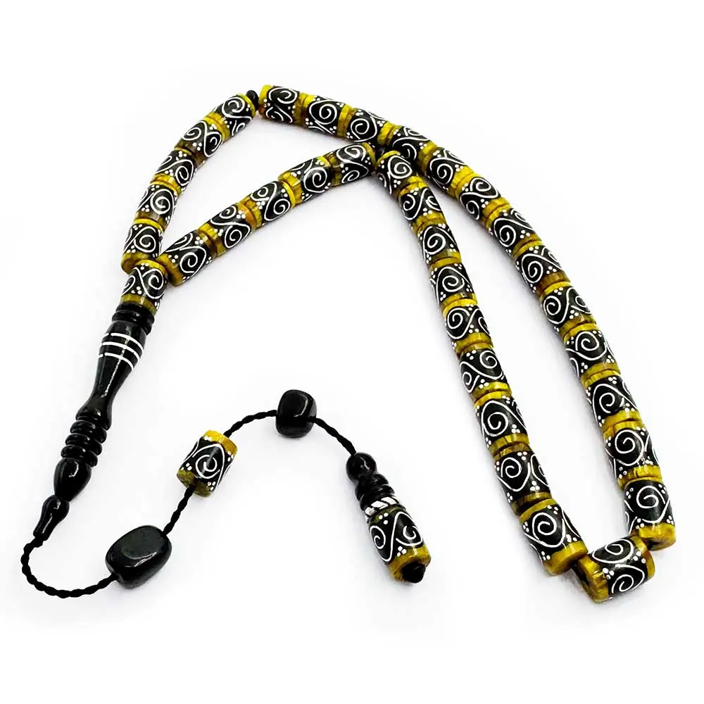 Yellow Amber & Silver Engraved Kesme Erzurum Oltu Stone Prayer Beads