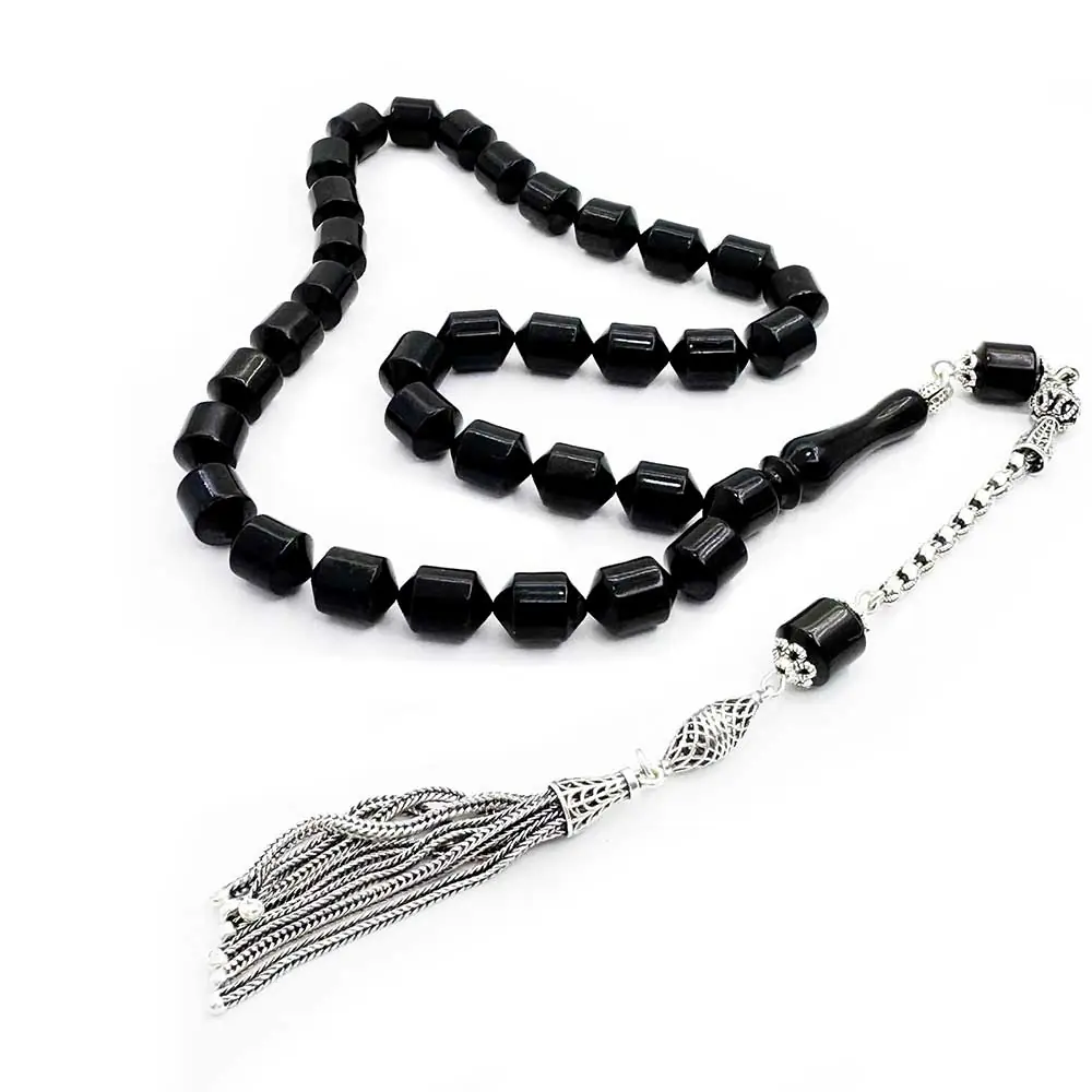 Silver Tasselled Tipped Capsule Cut Erzurum Oltu Stone Prayer Beads