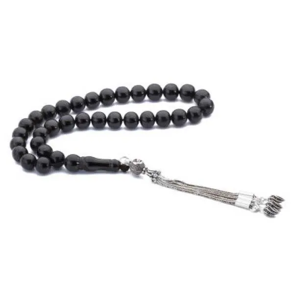 Silver Tasselled Plain Erzurum Oltu Stone Prayer Beads