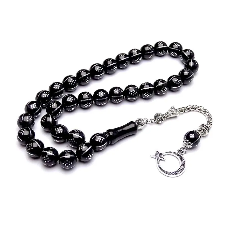 Silver Yarma & Nokta Engraved Erzurum Oltu Stone Prayer Beads