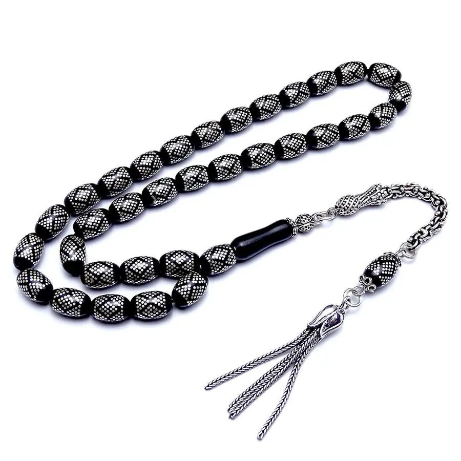 Silver Baklava Engraved Handcrafted Erzurum Oltu Stone Prayer Beads