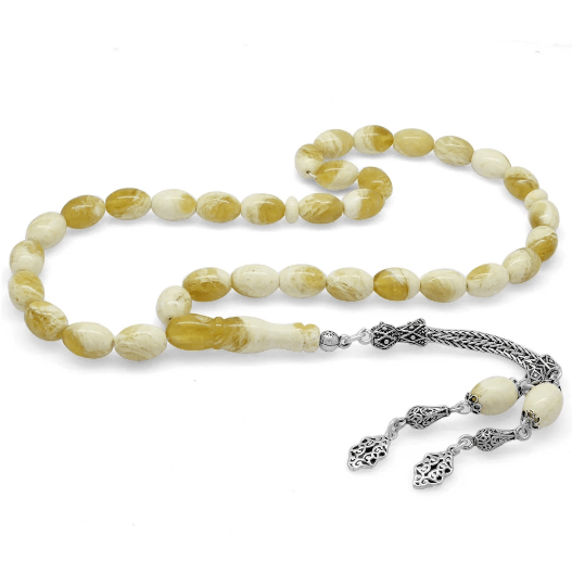 925 Sterling Silver Tasseled Barley Cut King Seccer Yellow-White Moire Drop Amber Rosary