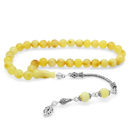 925 K Silver Tasselled Sphere Cut Yellow-Beyaz Damarlı Ukrayna Drop Amber Prayer Beads