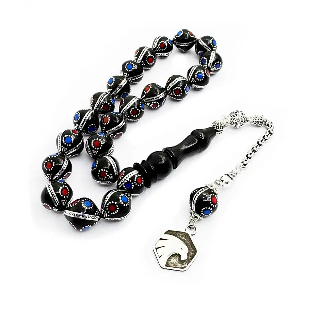 Silver Turquoise Coral Engraved Şalgam Cut Erzurum Oltu Stone 21 li Efe Stres Prayer Beads