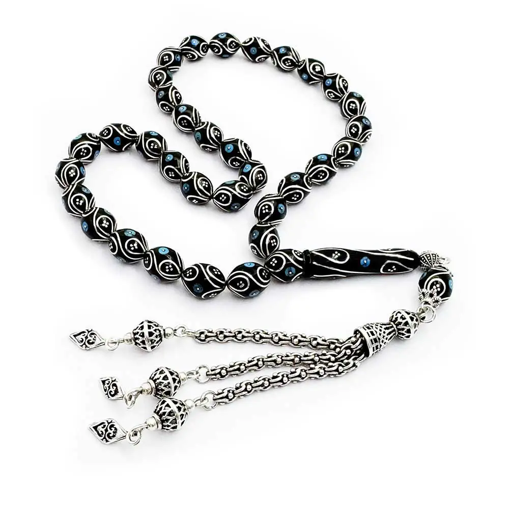 Silver & Turquoise Engraved Special Usta Crafted Erzurum Oltu Stone Prayer Beads